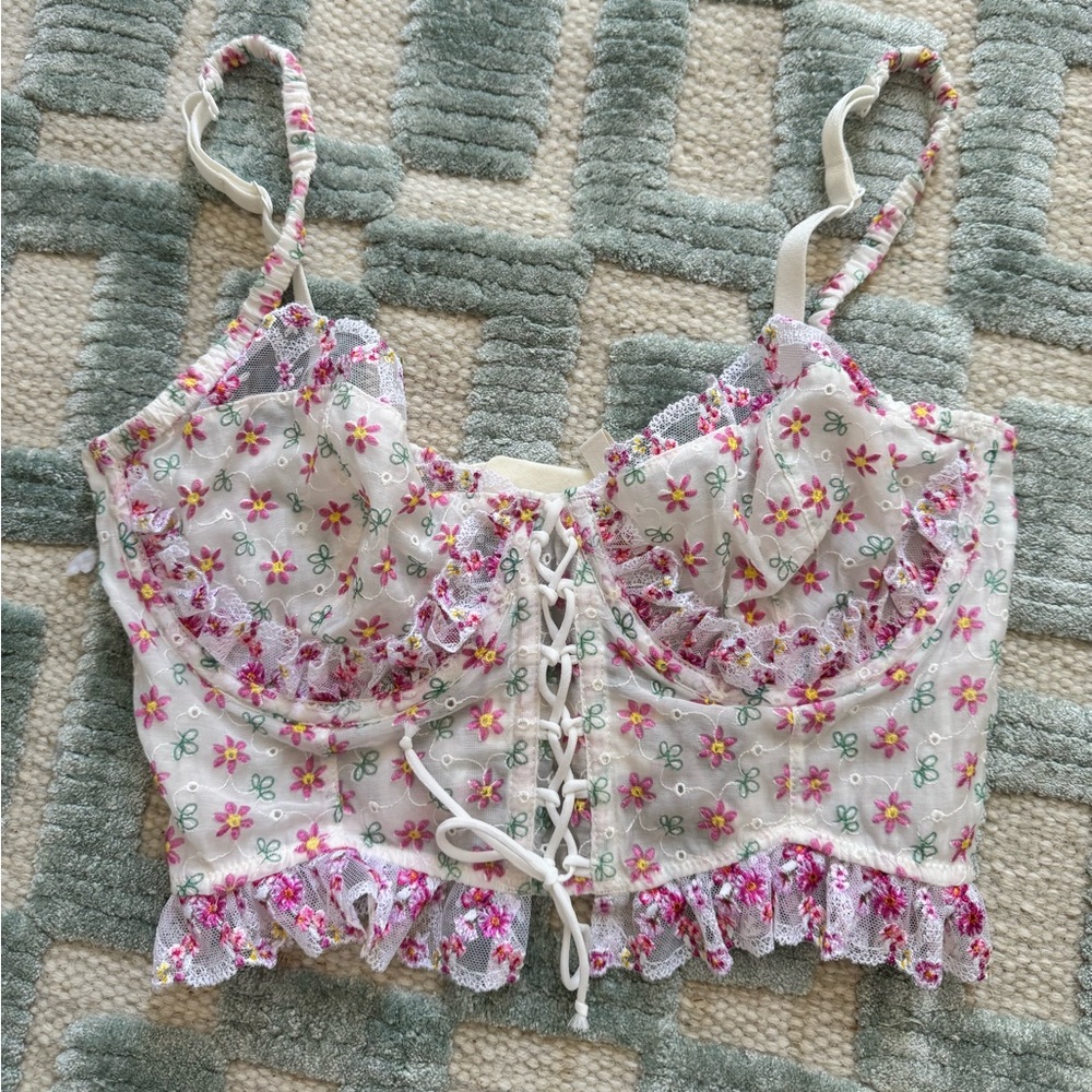 For Love And Lemons Floral Lace-Up Crop Top Bustier 36C
